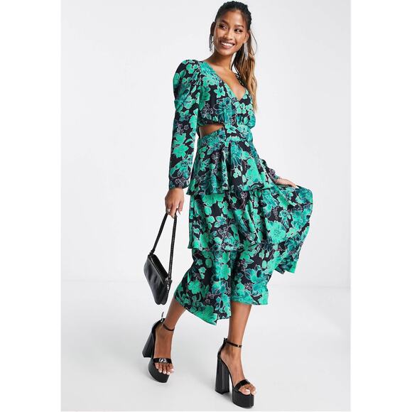 Topshop Green Black Floral V-neck Cutout Tiered Long Sleeve Midi A-line Dress 12 - Picture 1 of 8
